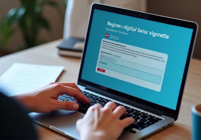 Eine Person registriert die digitale Vignette Schweiz an einem Laptop